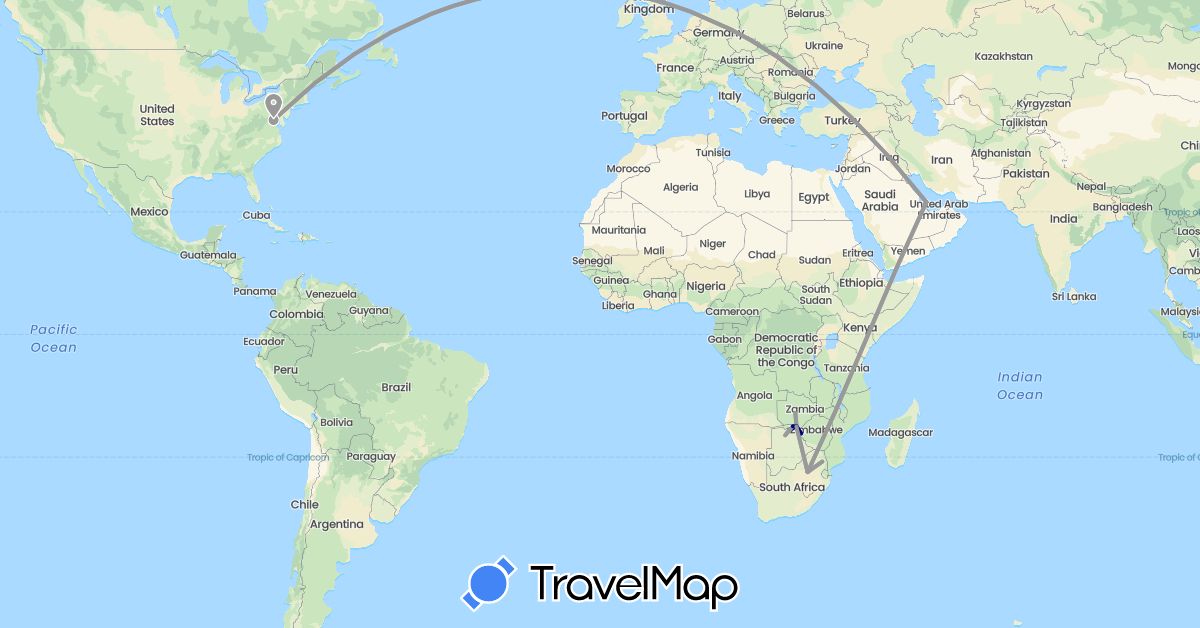 TravelMap itinerary: driving, plane in Botswana, Qatar, United States, South Africa, Zambia, Zimbabwe (Africa, Asia, North America)